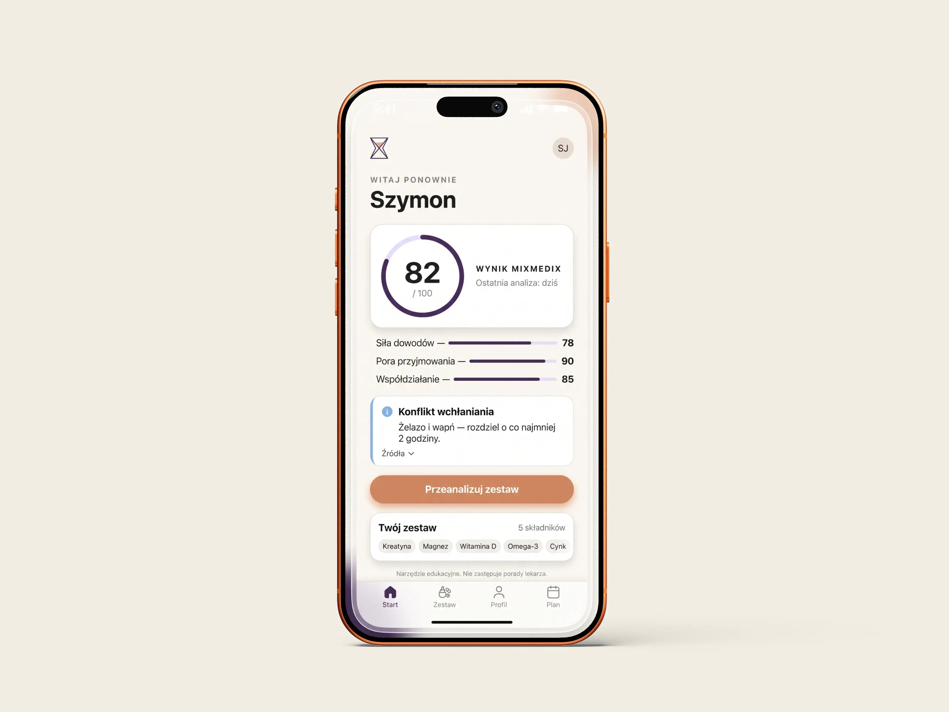 MiXmediX - aplikacja na telefonie z wynikiem analizy suplementacji